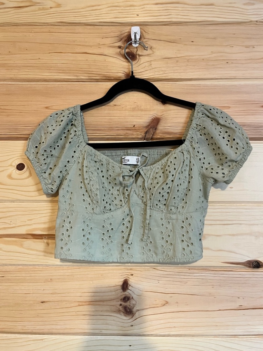 Hollister Smocked Eyelet Puff Sleeve Crop Top Sage Green